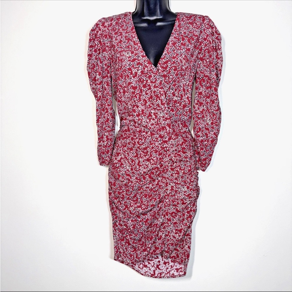 BA&SH Dress 6 Carmin red floral viscose crepe wrap dress ruched long sleeve